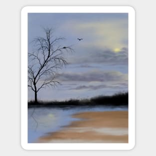 Cloudy beach scene with lone tree and nesting birds Sticker